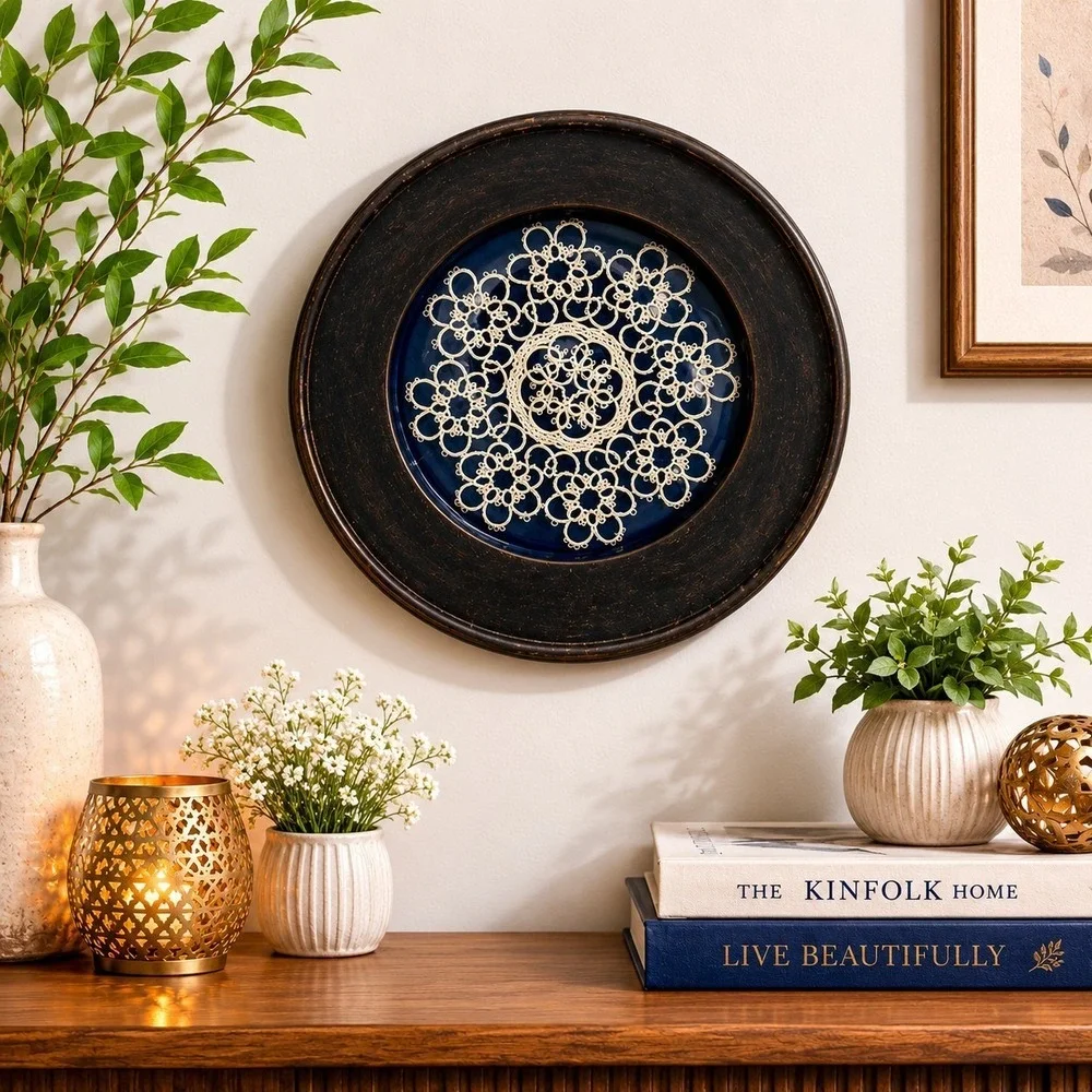 Vintage Tatted Lace Doily In Round Wood Frame Boho Cottagecore Farmhouse Art